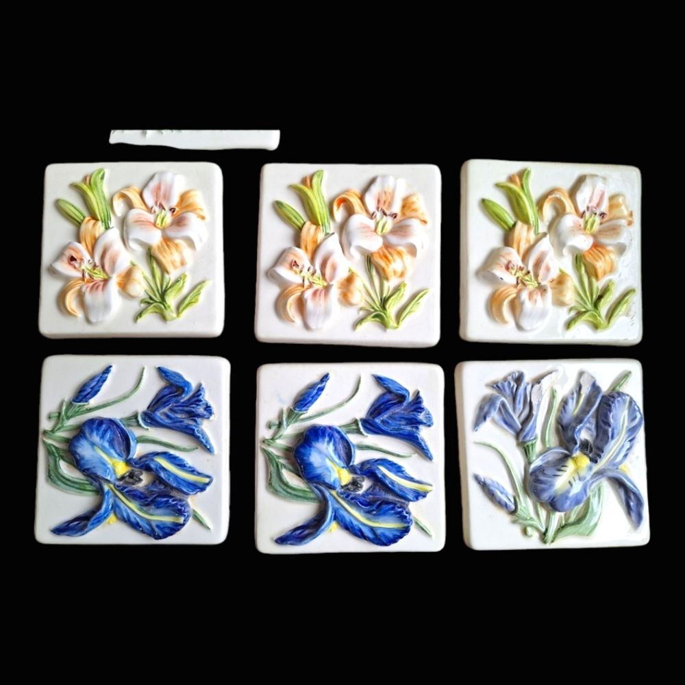 Rare 3D Porcelain Tiles Crafters Lot of 10 Flowers 4 x 4 Vintage 1980s - Picture 8 of 11